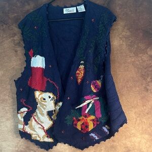 Laura Daniels Festive Navy Sweater Vest Christmas Holiday 3X with Fancy Buttons